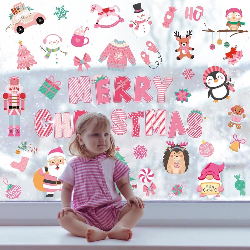 Whaline 9 Sheets Merry Christmas Window Cling Stickers Pink Cartoon Santa Snowman Penguin Reusable Window Decals for Xmas Winter Party Home Office Classroom Decoration - Image 4